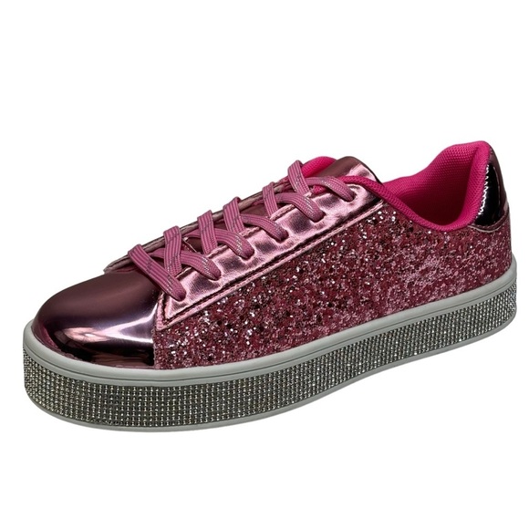 New Pink Glitter White w Rhinestone 2” Platform Festival Party Sneakers Size 7.5 - Picture 12 of 16
